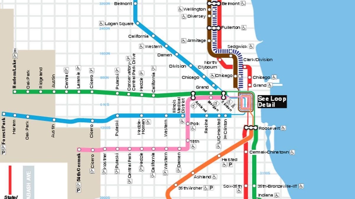 kort af Chicago bláa línan