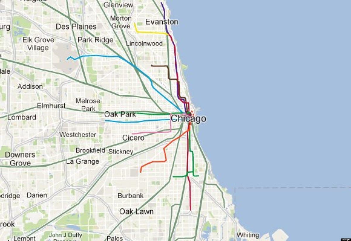 Chicago bláa línan lest kort
