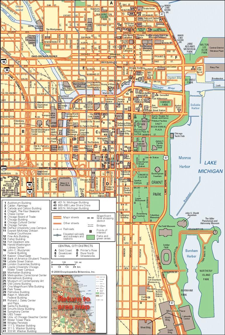 kort af Chicago miðbær